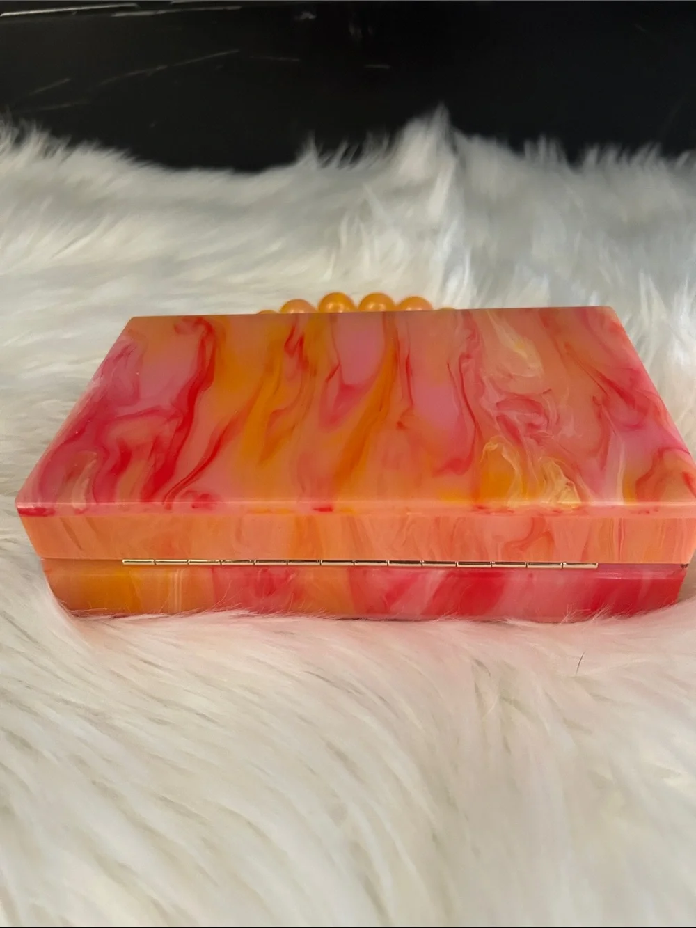 NWT Marbled Orange-Pink Acrylic Top-Handle Clutch w/ chain